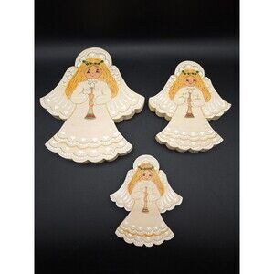 Vintage Hand Painted Wooden Angels Playing the Horn Signed
